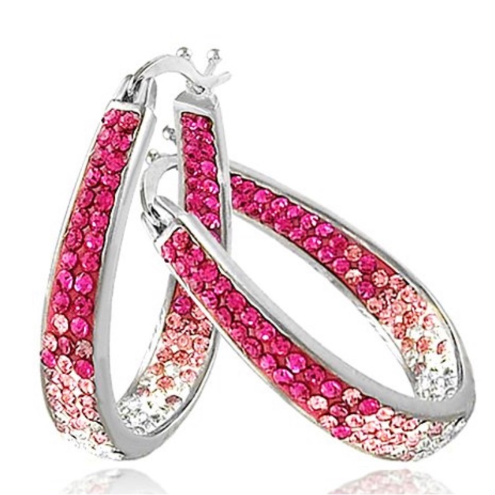 Gradient Pink and White Crystal Silvertone Hoop Earrings - Picture 2 of 2